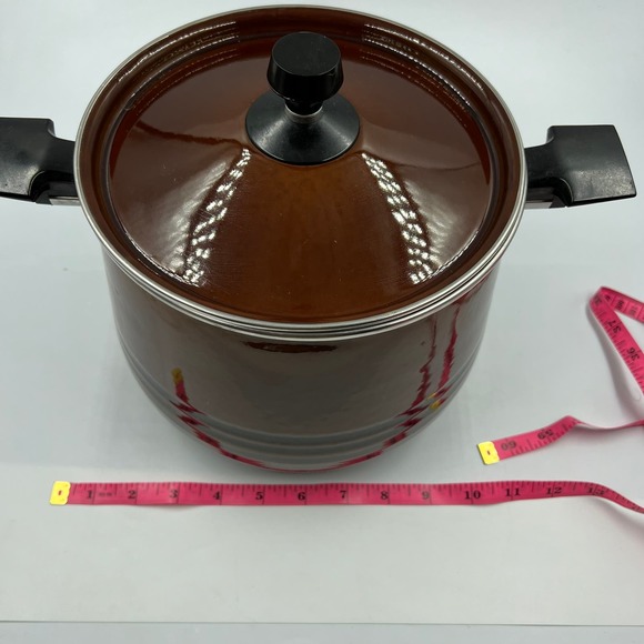 Vtg West Bend Brown Enamelware Scandia Bean Stock Pot W Lid Handles MCM - Picture 6 of 13